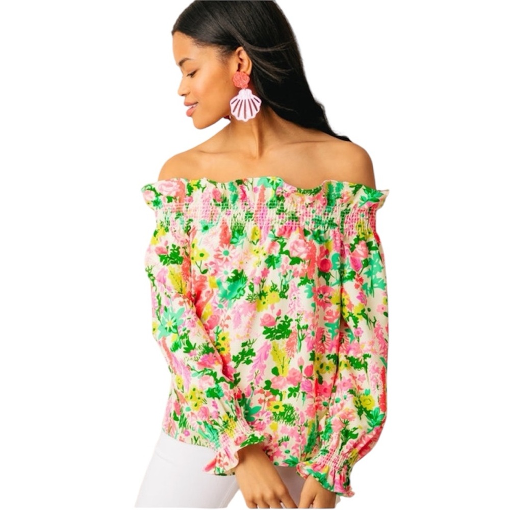 Tuckernuck Marguerite Off Shoulder Wildflower Blouse Pink Multi Color